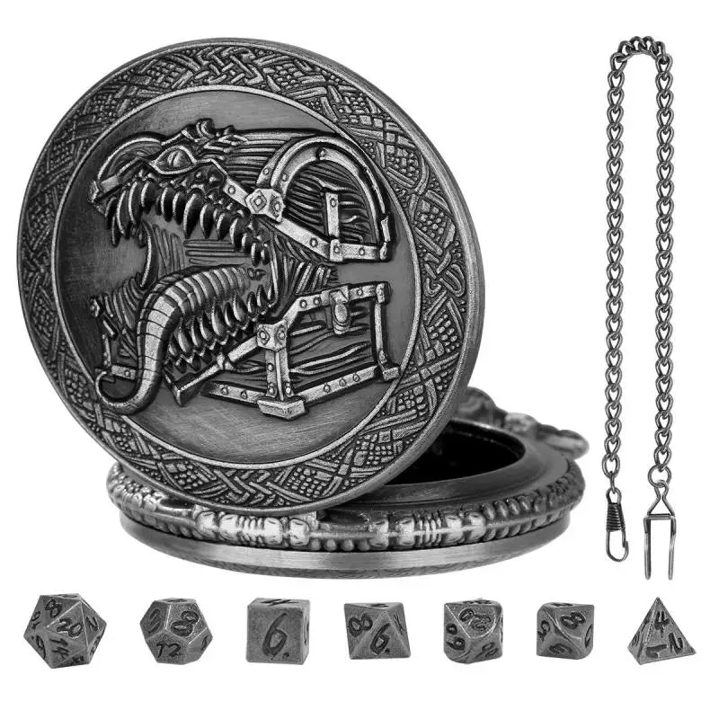 Metal Polyhedral Dice Set with Pocket Watch Case