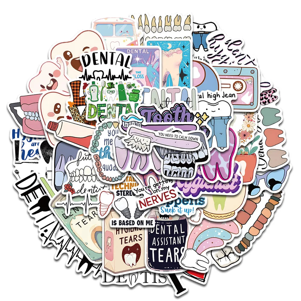 A circular arrangement of various dental-themed stickers featuring teeth, gums, and related concepts.