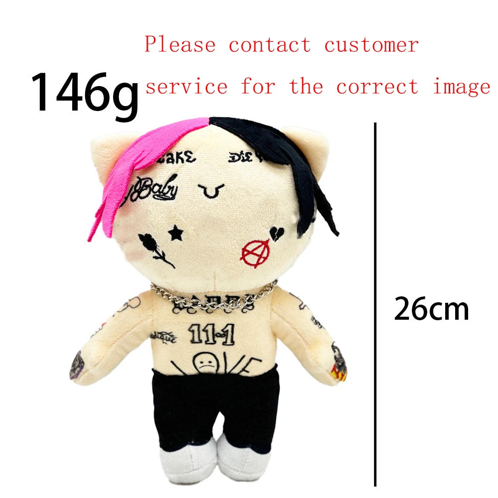 A plush doll resembling Eminem, XXXTentacion, and Frank Ocean with black and pink hair.