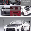 A detailed die-cast model of a white Nissan GTR R35 car shown in various views and close-ups.