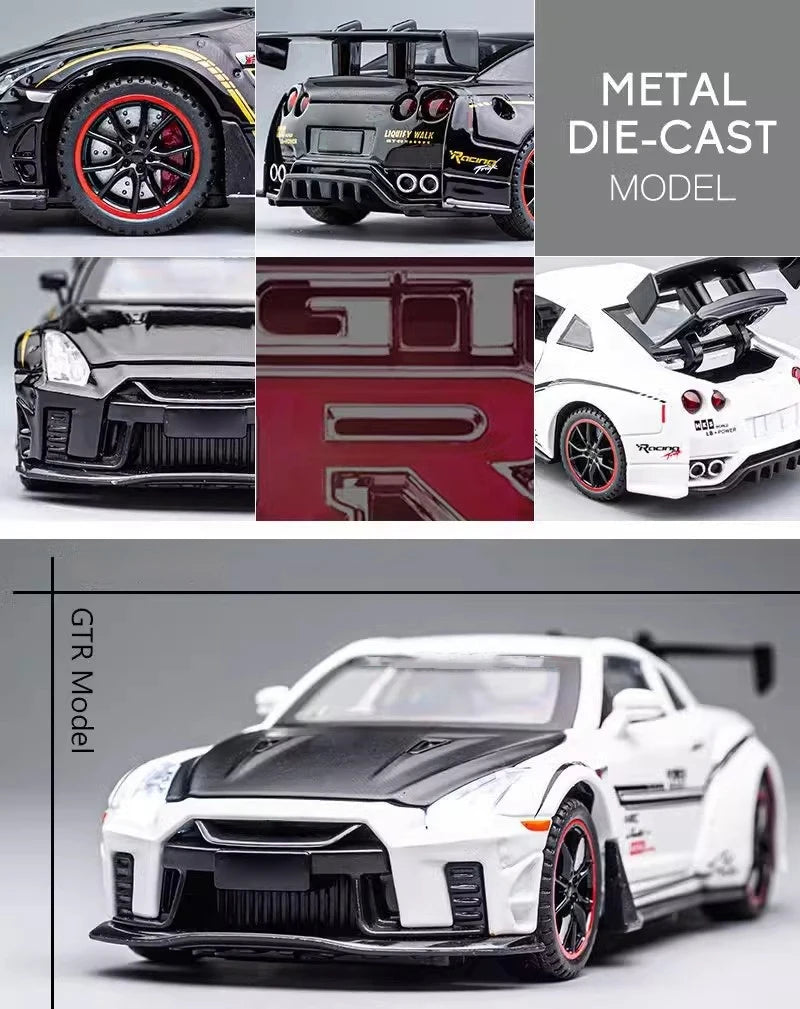 A detailed die-cast model of a white Nissan GTR R35 car shown in various views and close-ups.