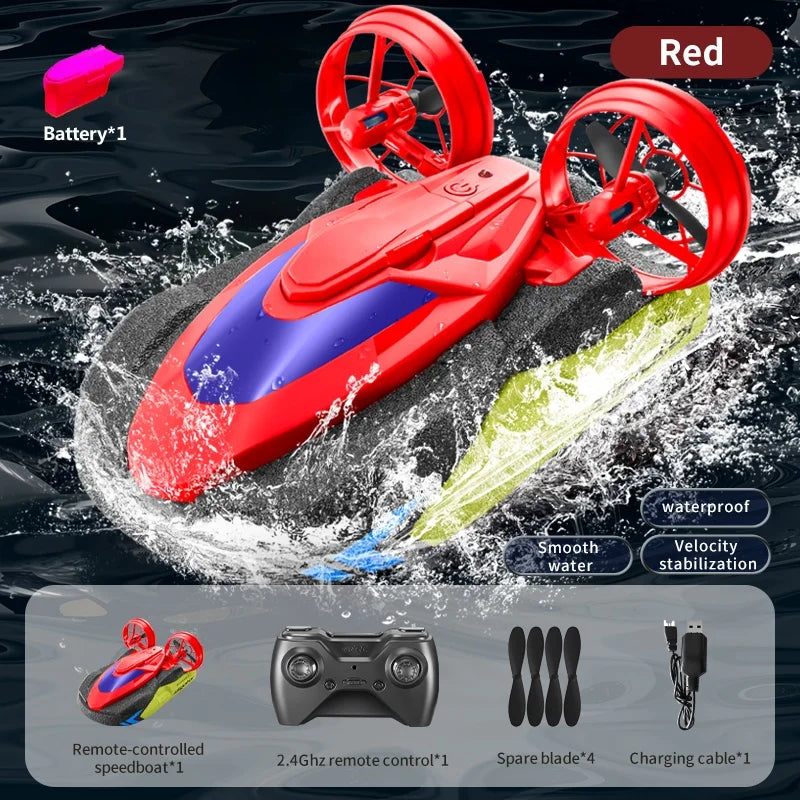 Un bateau RC électrique amphibie rouge et violet éclabousse l'eau.