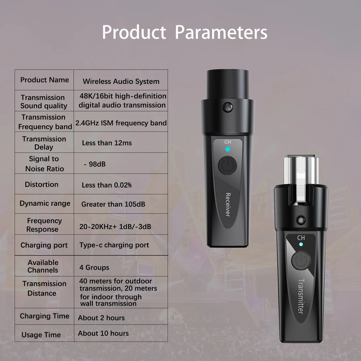 A black wireless audio system showing both the transmitter and receiver units.