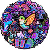 A vibrant circular sticker pack featuring various colorful mythical and real animals like dragons, cats, and insects.