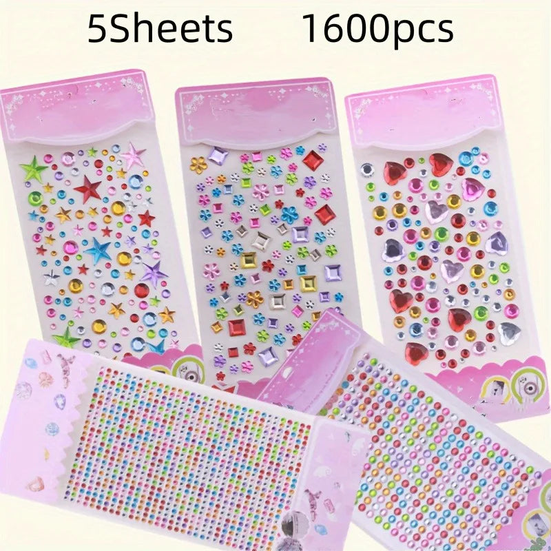 Five sheets of colorful acrylic rhinestone stickers and gems for crafts and DIY projects