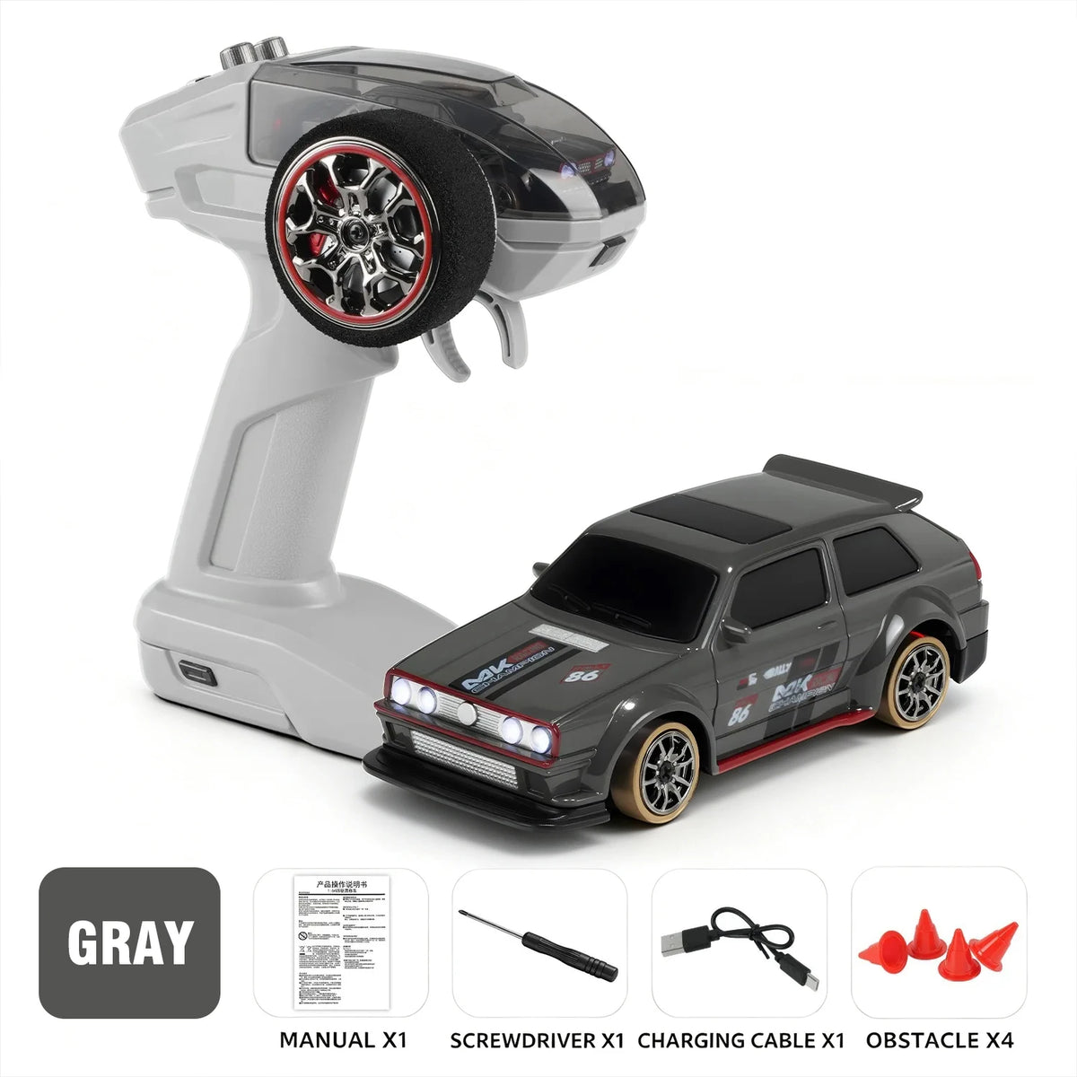A gray mini 4WD stunt car and its remote control are shown with various accessories.