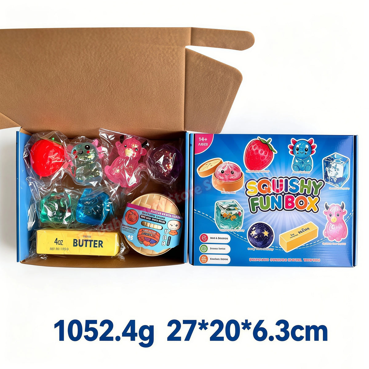 A box containing a squishy toy blind box with various colorful squishy toys and butter.