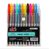 A set of metallic glitter gel pens in various colors and sizes displayed in a clear plastic case.