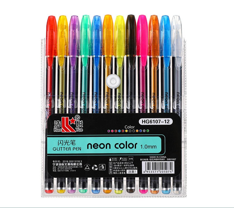 A set of metallic glitter gel pens in various colors and sizes displayed in a clear plastic case.