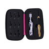 Black case containing an LED crochet hook set with nine interchangeable tips and a wooden tool.