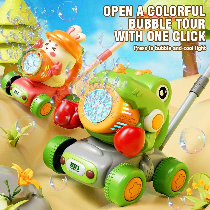 A green and orange kids bubble machine with lights and wheels is shown on a yellow surface.