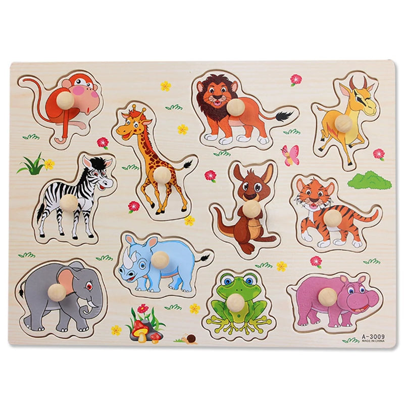 A wooden puzzle board featuring various animal figures for toddlers to match and learn.