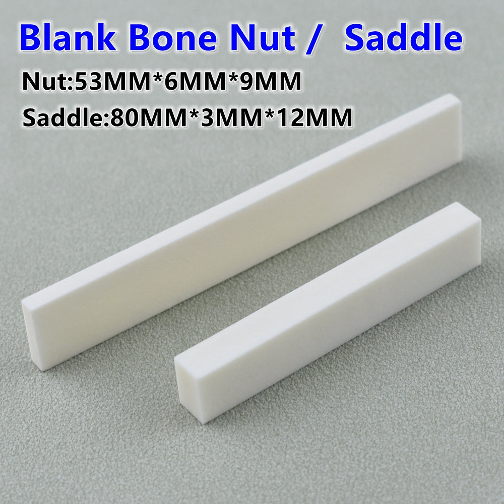 White blank bone nut and saddle pieces shown side by side