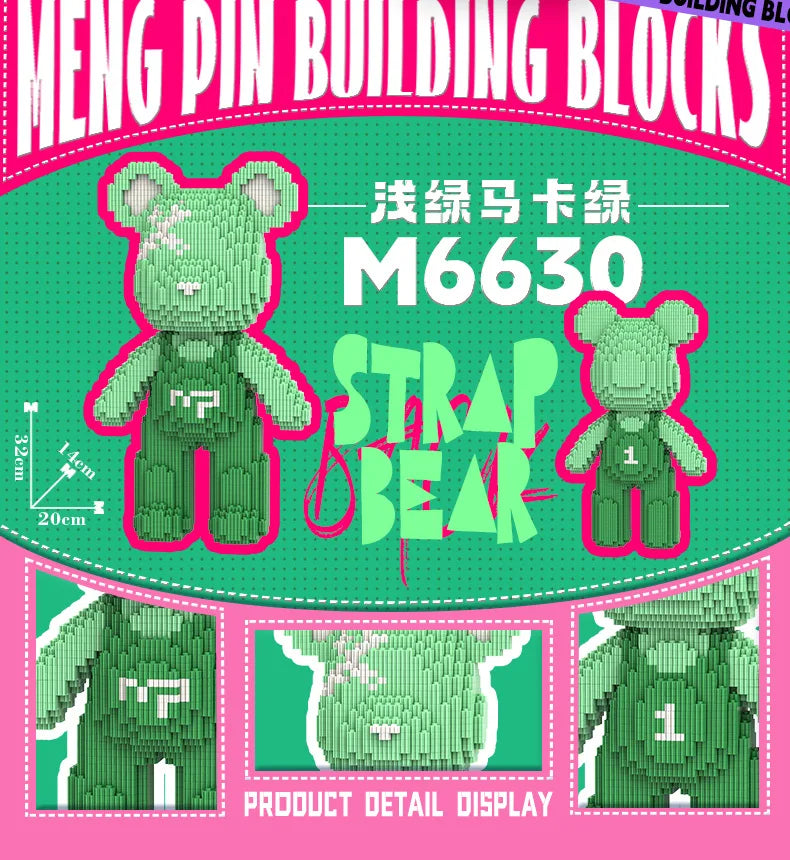 A green kawaii bear figure made of pink building blocks, displayed with product details.