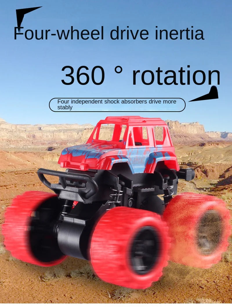 A red and blue four-wheel drive stunt car with large red tires is shown in a desert landscape.