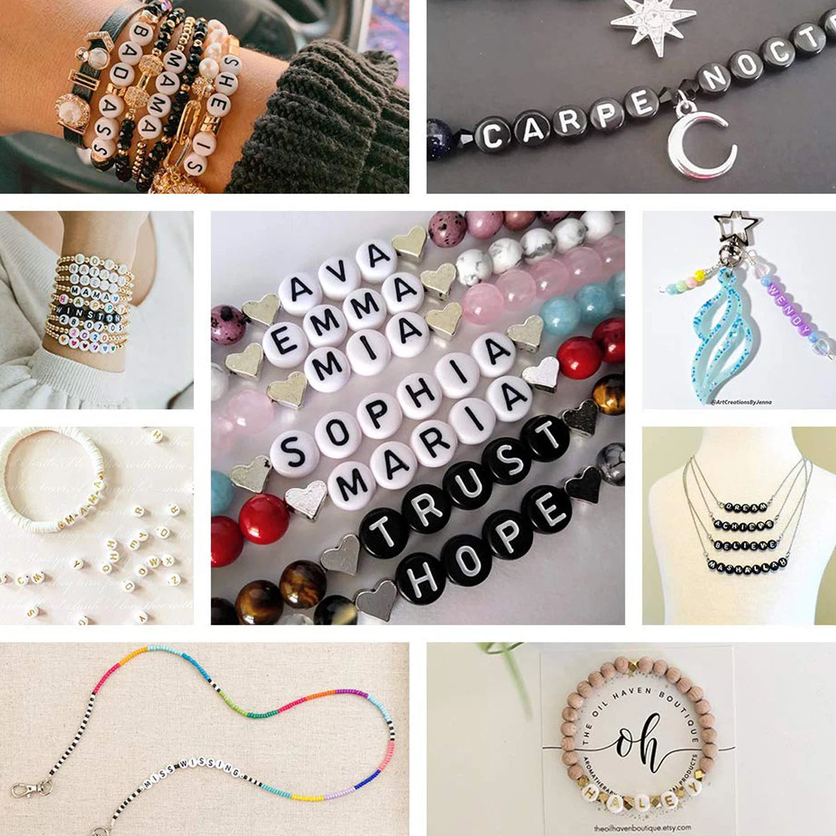 A collection of round acrylic alphabet beads in various colors and shapes for jewelry making.