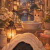 A fluffy black cat rests on a white blanket in front of a rustic scene with a mosaic art kit.