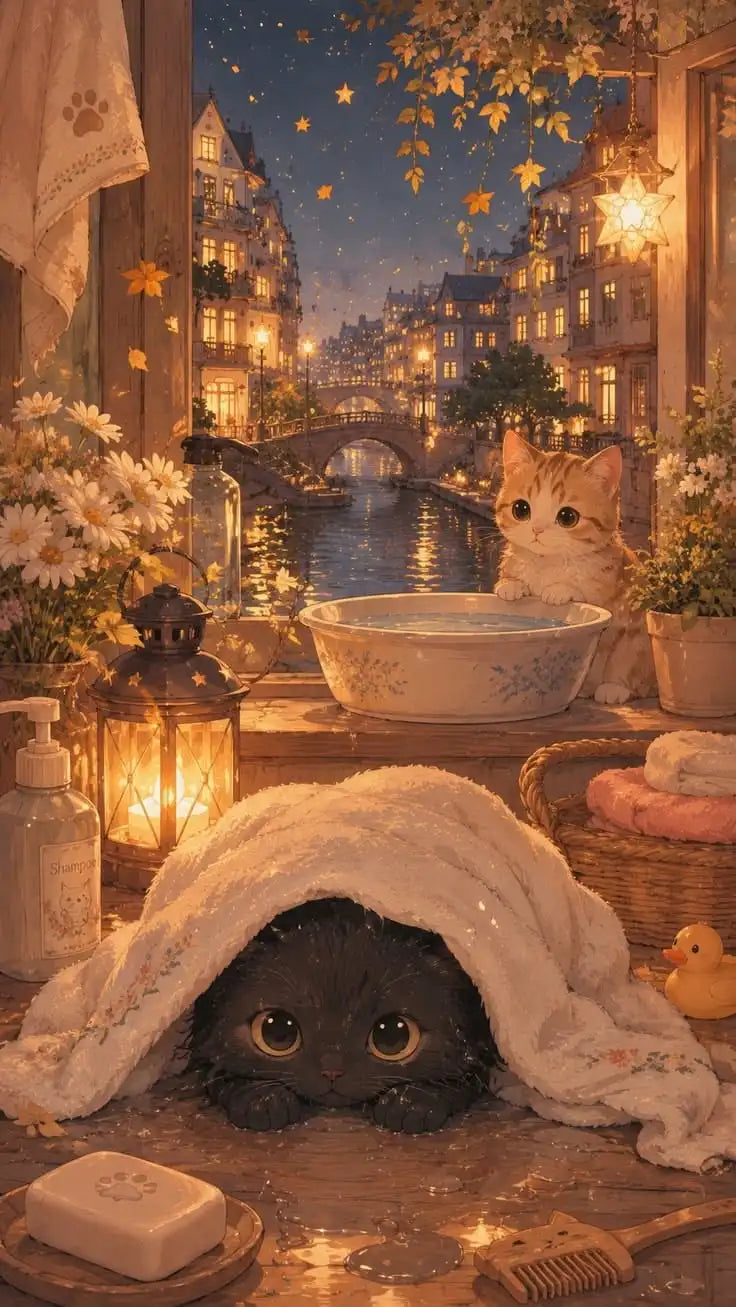 A fluffy black cat rests on a white blanket in front of a rustic scene with a mosaic art kit.