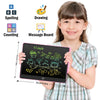 A young girl holds a pink LCD writing tablet displaying colorful doodles and letters for educational activities.
