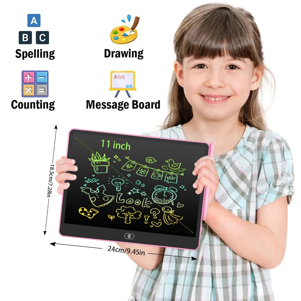 A young girl holds a pink LCD writing tablet displaying colorful doodles and letters for educational activities.