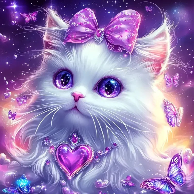A fluffy white cat with purple eyes and pink fur is adorned with sparkling details against a cosmic background.