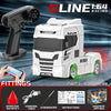White 1:64 scale RC drift truck model with black accents and accessories displayed on a dark background.