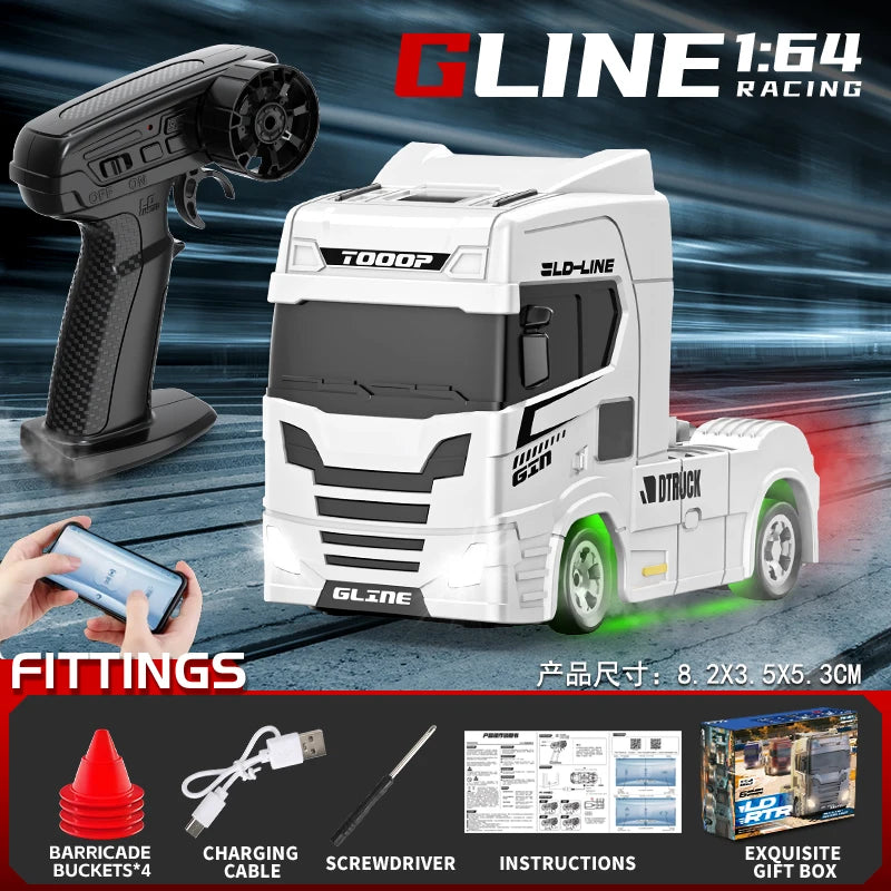 White 1:64 scale RC drift truck model with black accents and accessories displayed on a dark background.