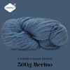 A ball of blue merino wool yarn labeled as Lirisnly's hand-picked 300g Merino.