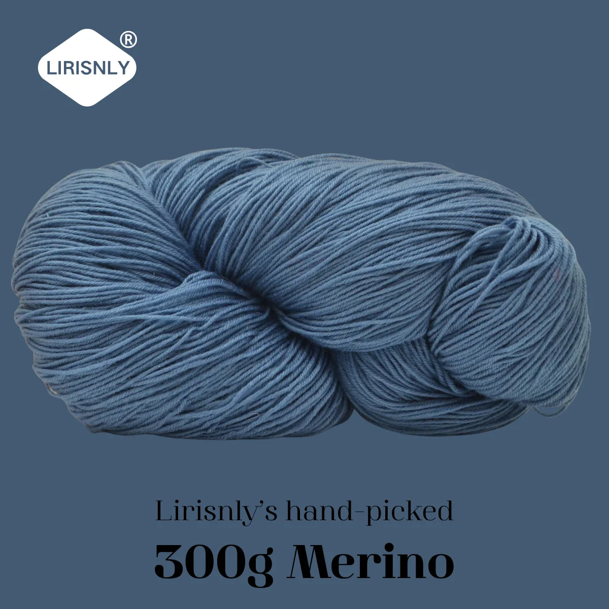 A ball of blue merino wool yarn labeled as Lirisnly's hand-picked 300g Merino.