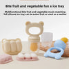 A silicone bite fruit and vegetable fun ice tray set with various fruit shapes and a matching silicone ice tray.