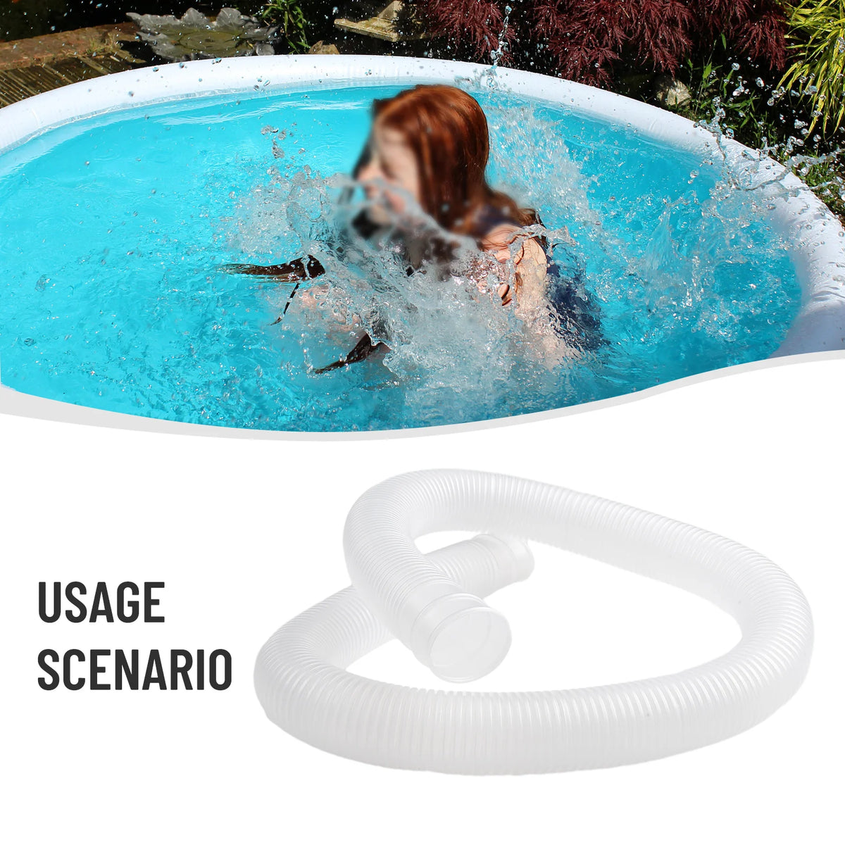 A person is splashing water in a swimming pool, demonstrating the use of replacement pool pump hoses.