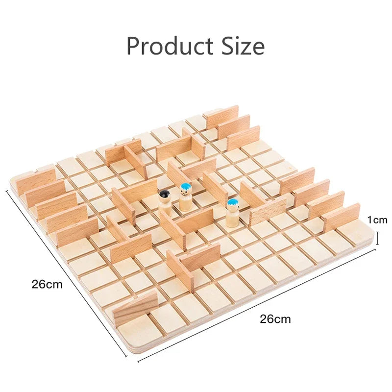 A wooden strategy chess game board with pieces and grid lines shown from above.