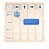 A wooden Montessori game board with directional arrows and cards for teaching logical thinking.