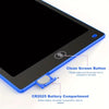 A black and blue LCD drawing tablet with a clean screen button and CR2025 battery compartment.