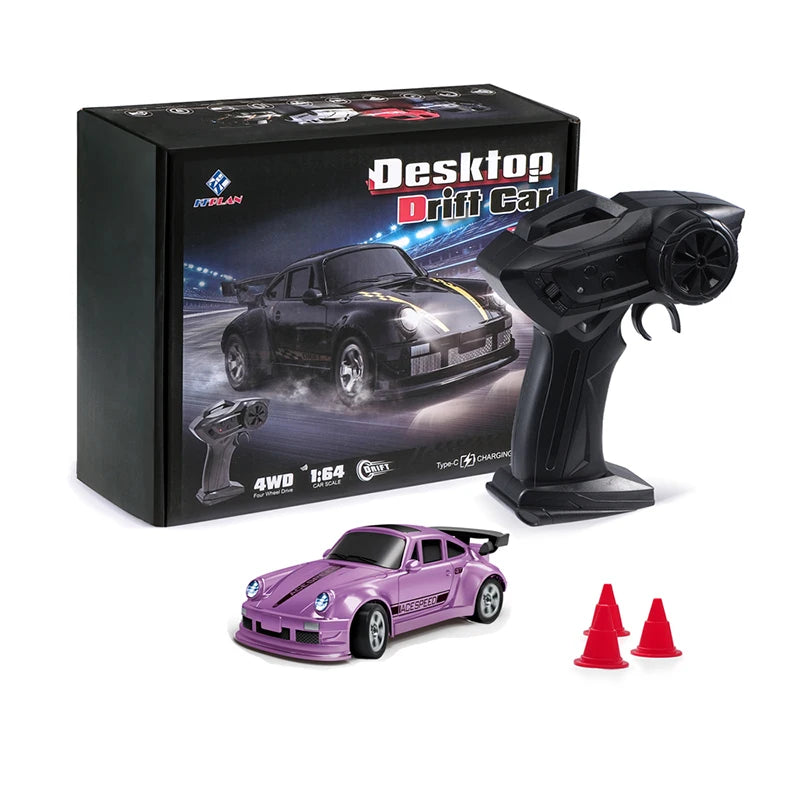 A black box for a Mini 1:64 scale remote control drift car and a purple model car with red cones.