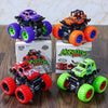 Three Monster Zap friction-powered toy monster trucks in purple, orange, and green on display boxes.