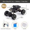 A black 28cm alloy RC car with a battery and foam box shown from the side and top view.