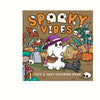 A coloring book cover titled Spooky Vibes featuring cute Halloween-themed illustrations like ghosts, pumpkins, and cats.