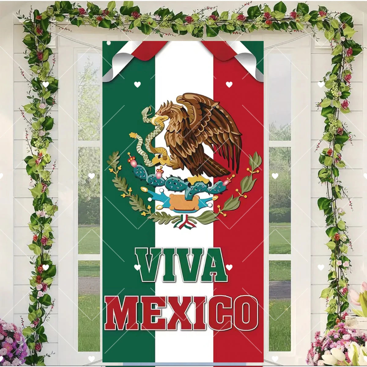 A door cover featuring a Mexican flag design with an eagle and the text Viva Mexico, decorated with greenery.