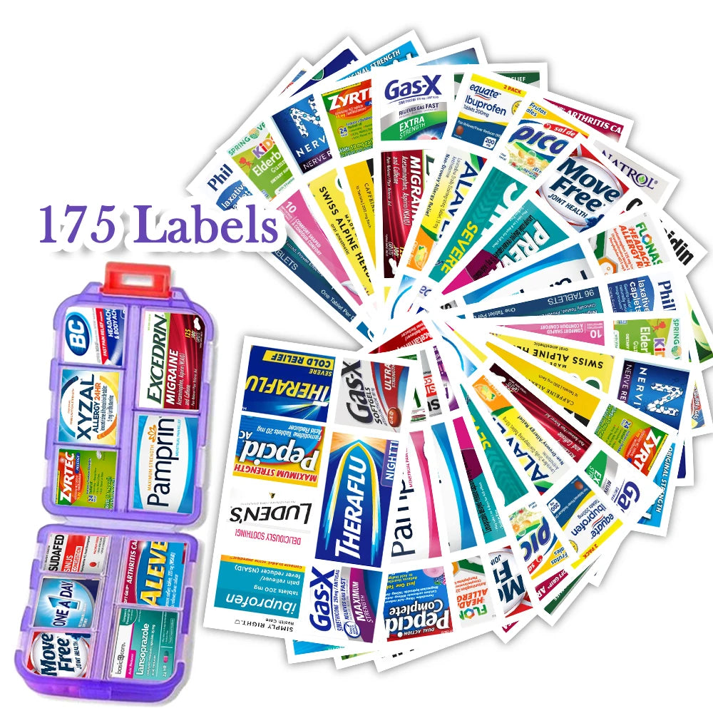 Portable 10-Compartment Pill Organizer with 175 Labels