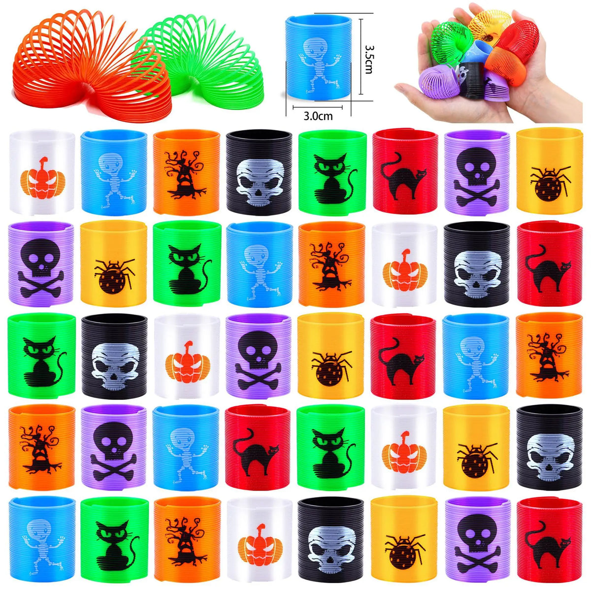 A set of ten Halloween themed fidget toys featuring skulls, cats, and pumpkins in various colors.