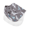 A gray patterned silicone burp cloth featuring various cute dinosaur and animal silhouettes.
