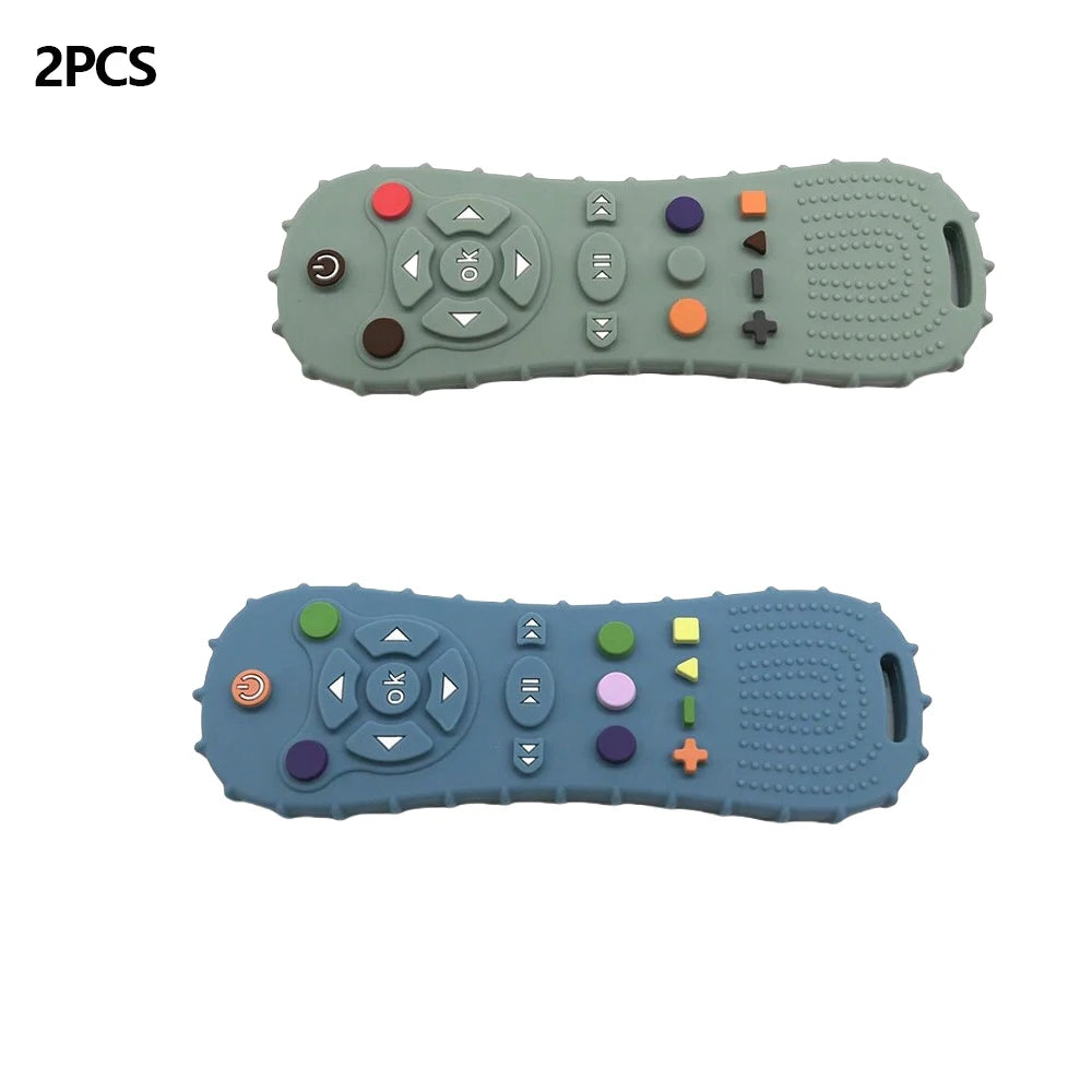 Two silicone chew toys shaped like a remote control, featuring various buttons and controls.