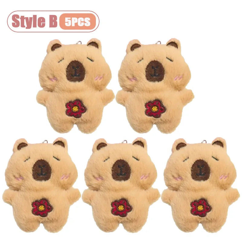 Five cute brown bear plush keychains or bag charms