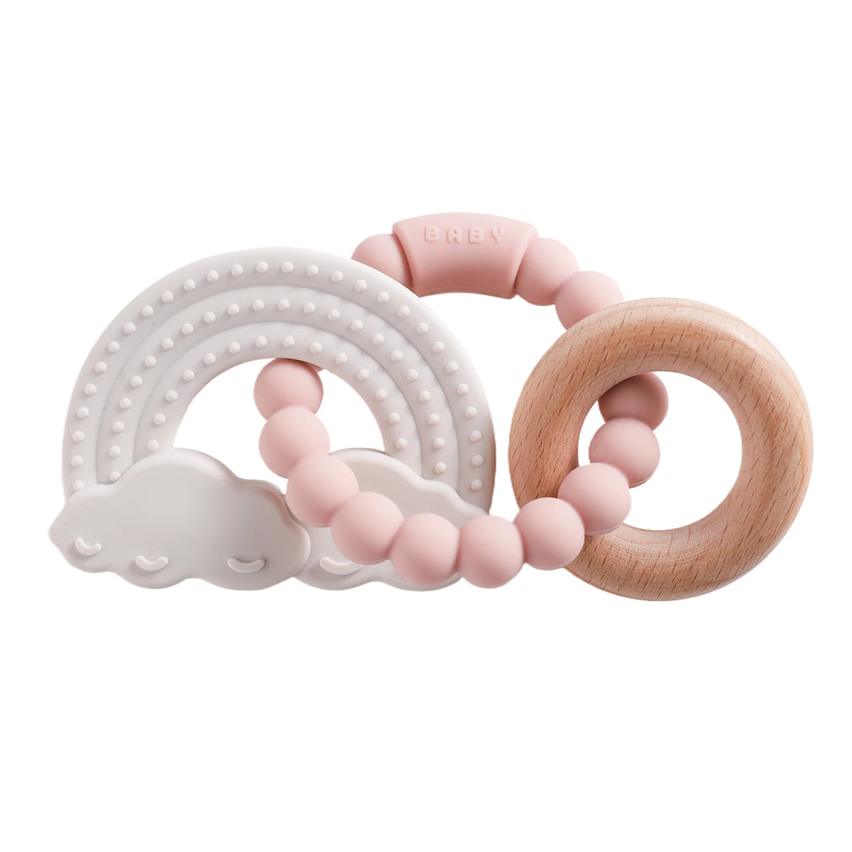 A set of pink and natural wood silicone teethers, including a rainbow arch and a ring, for babies.