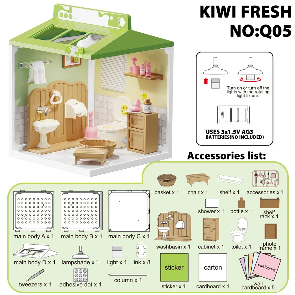 A green miniature DIY dollhouse furniture assembly kit with accessories for building a dollhouse.