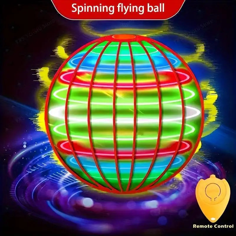 A spinning, multi-colored LED flying ball is shown against a dark background with glowing effects.