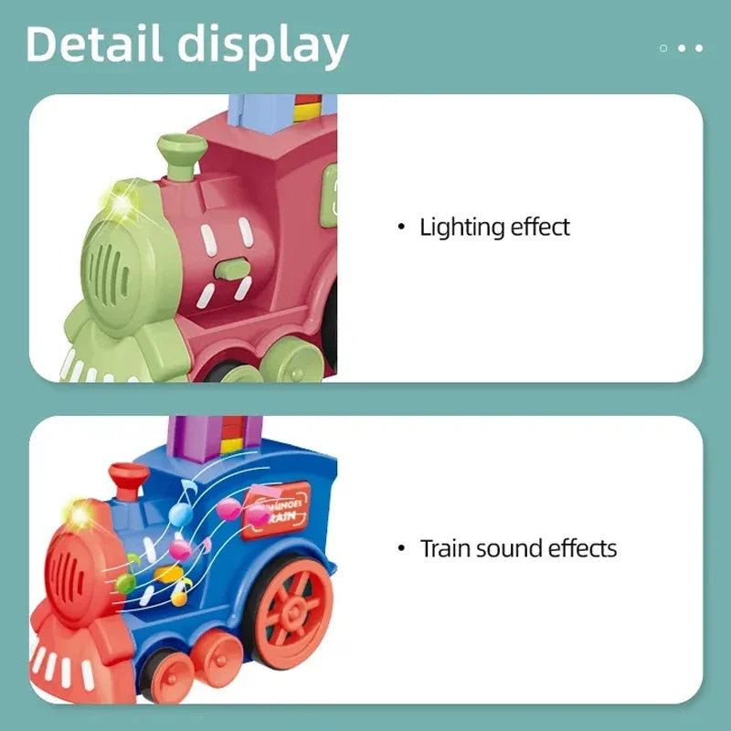 Detail display of a pink train toy showing lighting effects and train sound effects.