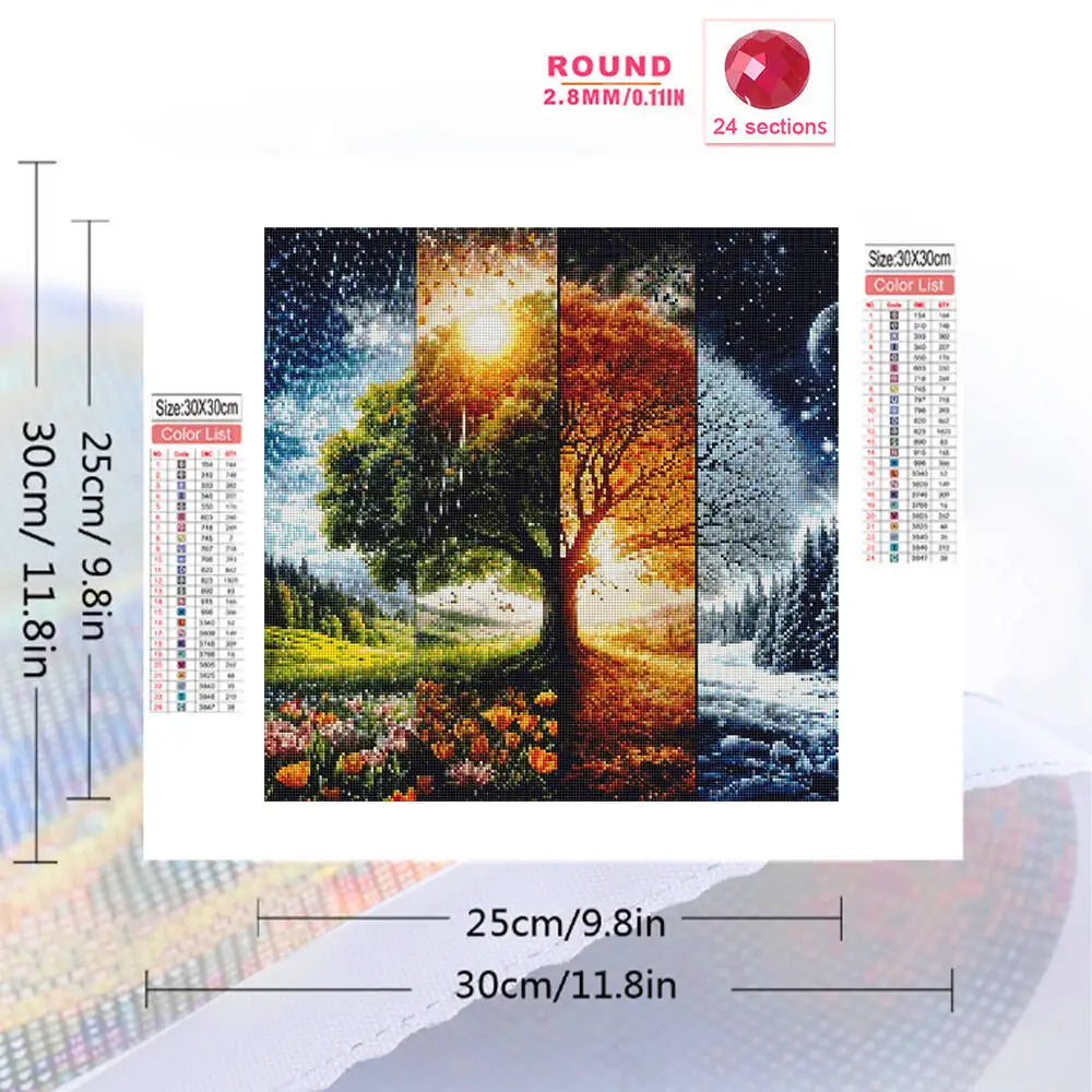 A diamond painting kit featuring a four-season landscape with vibrant colors and textures.