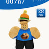 A soft plush toy resembling a rabbit wearing a hamburger hat and blue shirt.